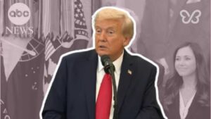 U.S. political figure Donald Trump speaking at a podium in an article graphic about IVF drug prices