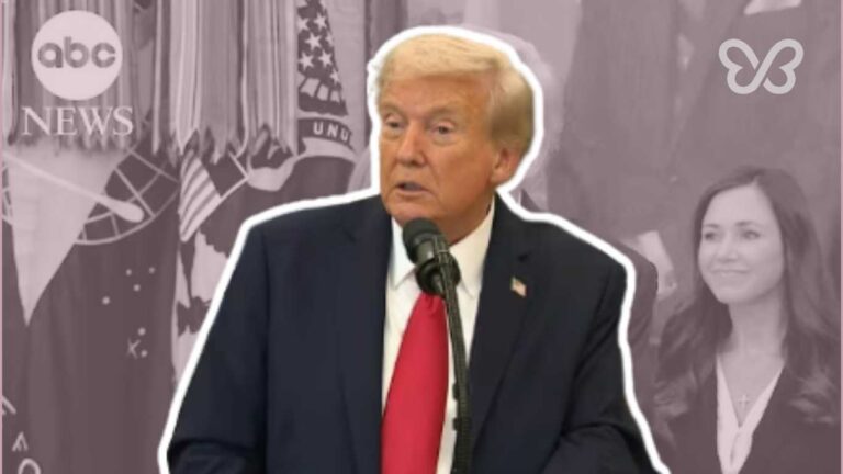 U.S. political figure Donald Trump speaking at a podium in an article graphic about IVF drug prices