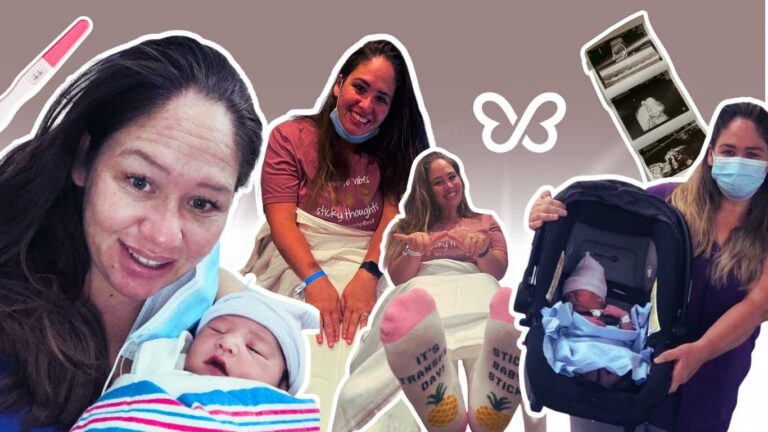 Collage of repeat surrogate celebrating embryo transfers, pregnancies and newborn deliveries