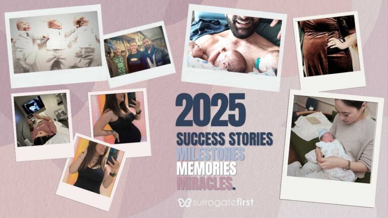 SurrogateFirst 2025 year-in-review collage featuring surrogacy milestones, pregnancies, newborns and families