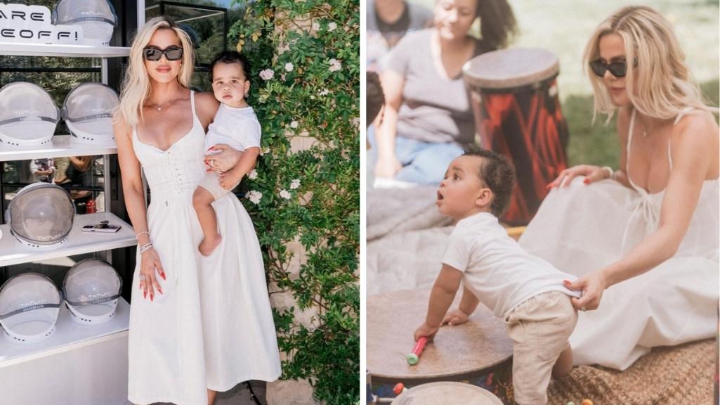 Khloé Kardashian holding and spending time with her son Tatum in two photos of his birthday