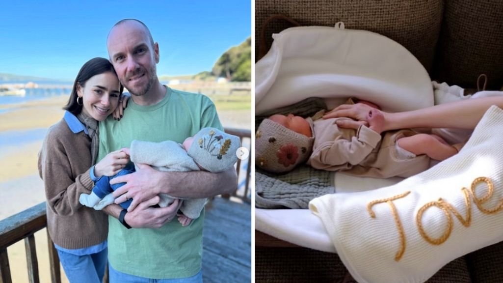 Lily Collins and Charlie McDowell with daughter Tove Jane alongside a photo of their newborn daughter.
